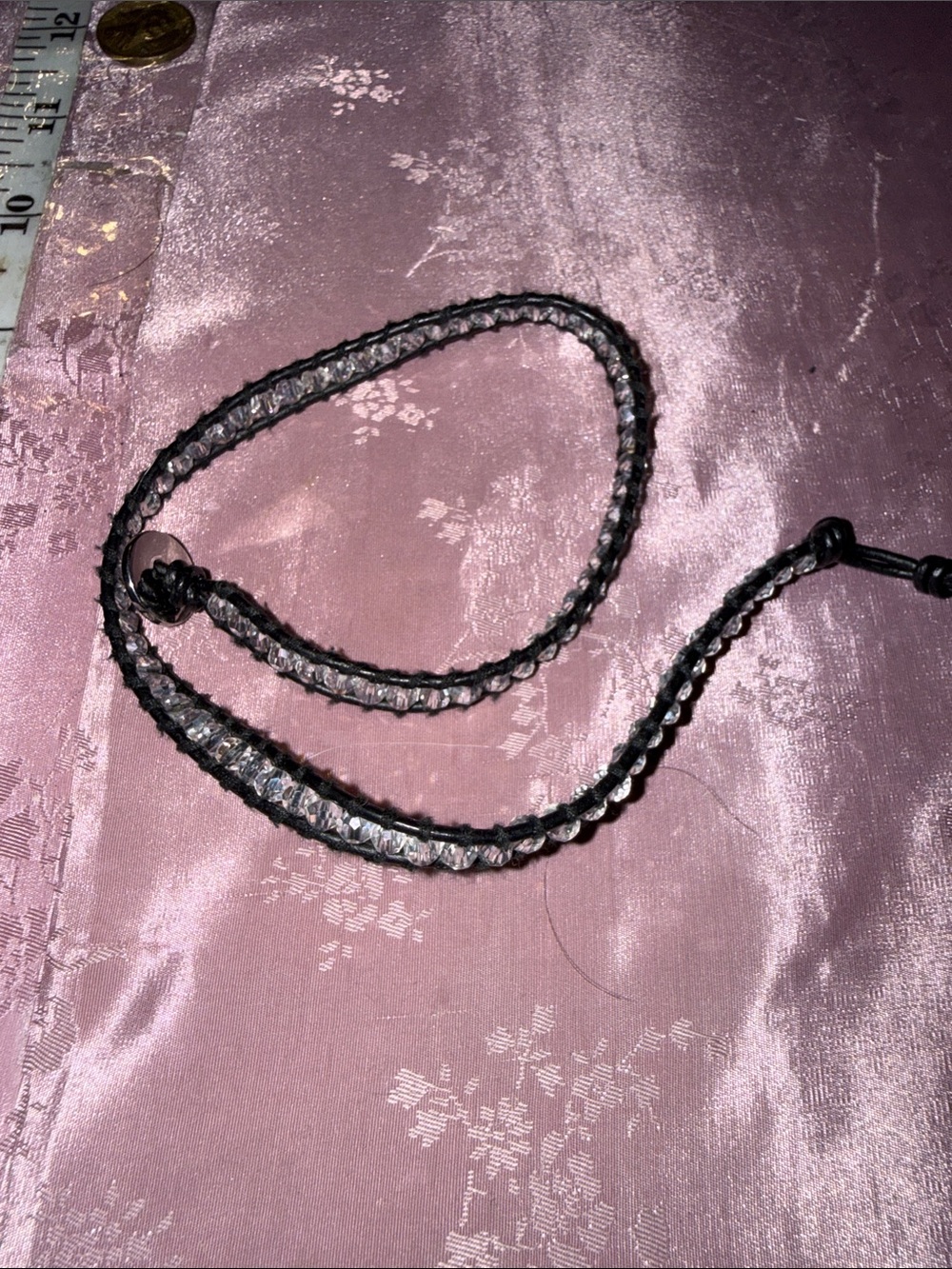 Beaded Leather Wrap Bracelet in Black and Silver crystals